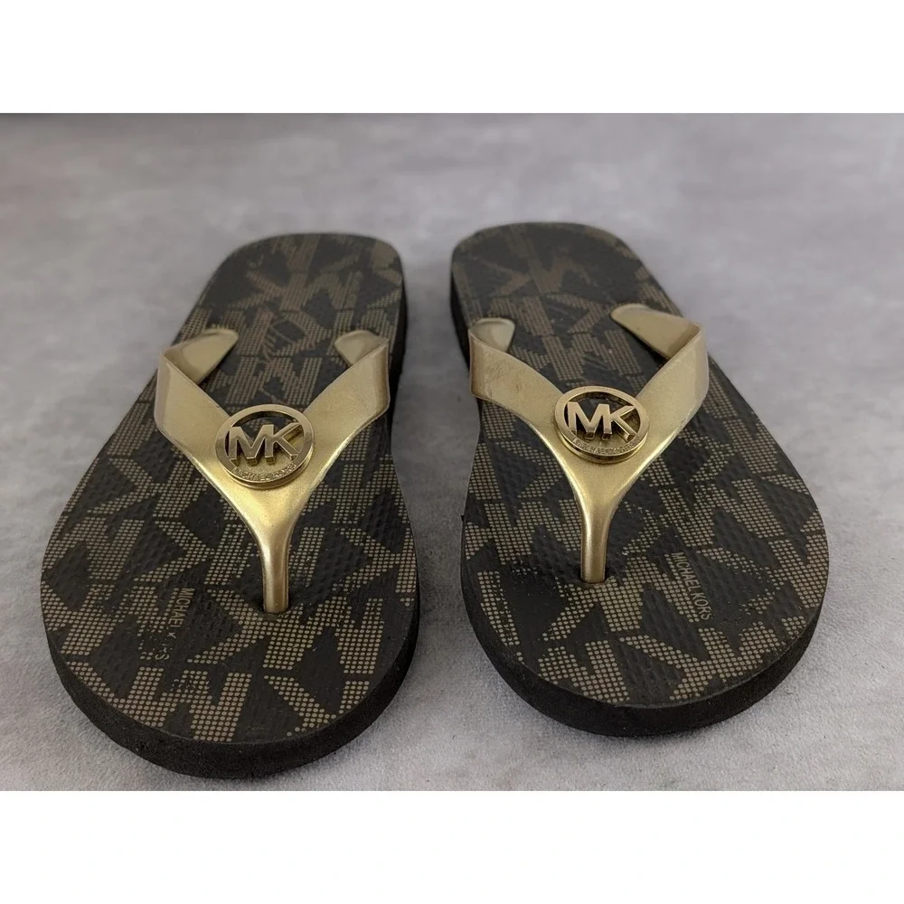 Michael Kors Womens MK Monogram Flip Flops Brown Gold Logo Sandals Size 8